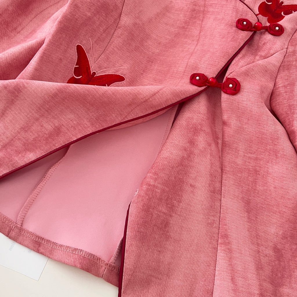 新中式国风刺绣套装撞色蝴蝶刺绣上衣半裙