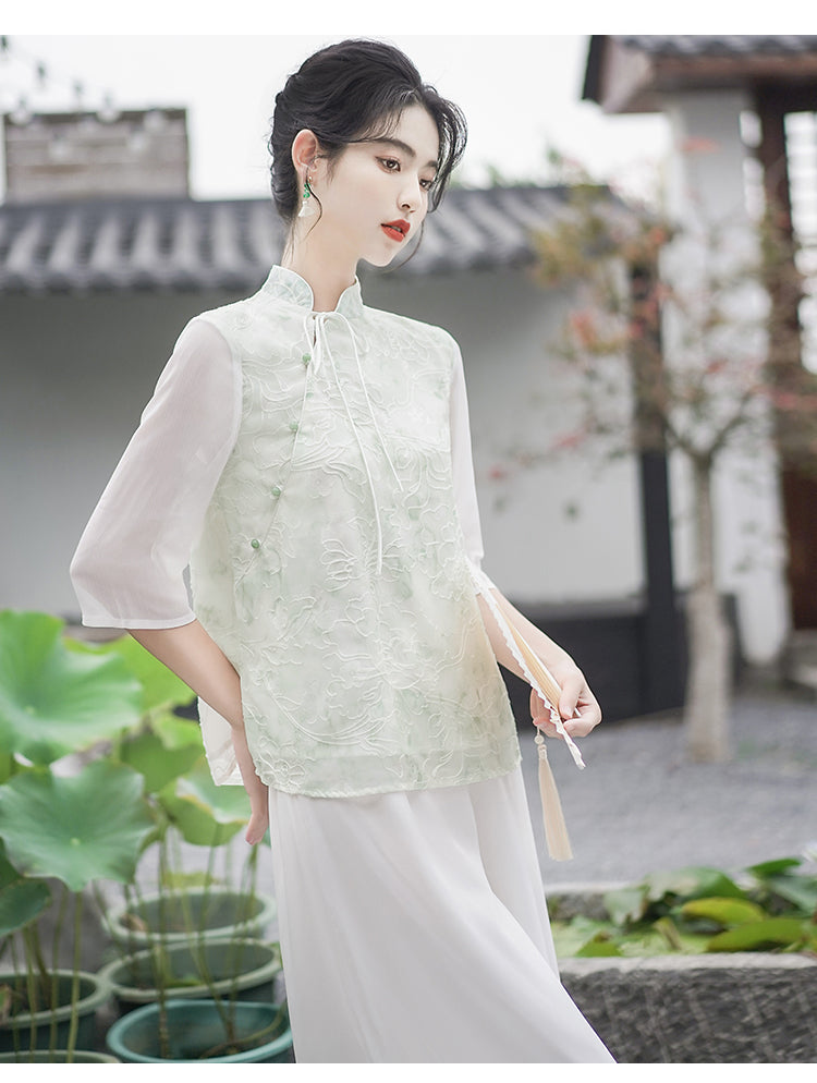 新中式女装中国风斜襟小清新上衣国风套装改良汉服唐装禅服茶服